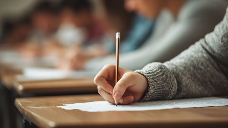 Student's hand writing on paper with a pencil during an exam in